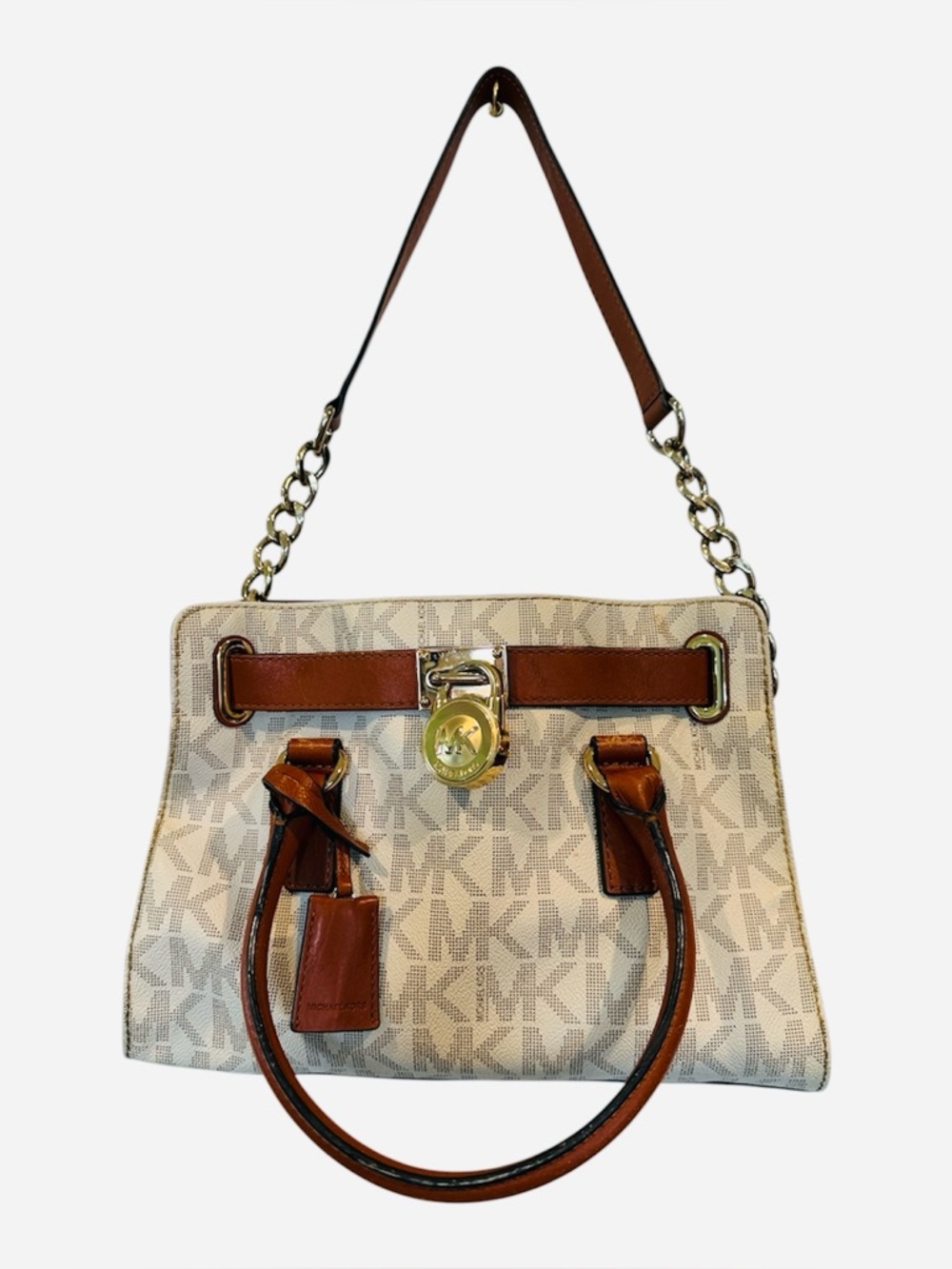 Michael Kors Beige & Brown MK Logo Satchel with Gold Hardware